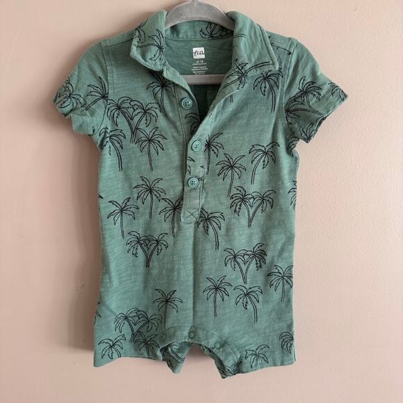 Tea Collection Green Palm Collared Short Sleeve Polo Romper Baby 12-18 Months - Picture 1 of 5